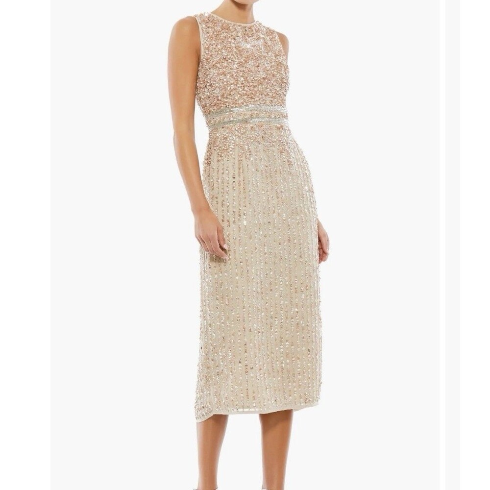 Mac Duggal 10509 Sequin Beaded Dress Sleeveless High Neck Midi Sheath Sz 8 NWT
